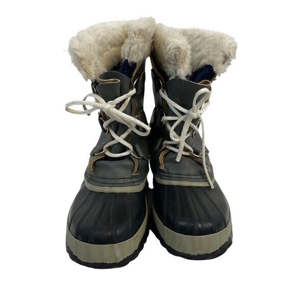 Sorel Unisex Gray Black Waterproof Faux Fur Lined Winter Snow Boots Size 3 Wool - Picture 3 of 9